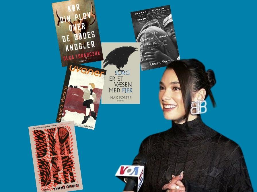 Dua Lipa og fem af de titler, som har været med i hendes bogklub og som optræder i artiklen.